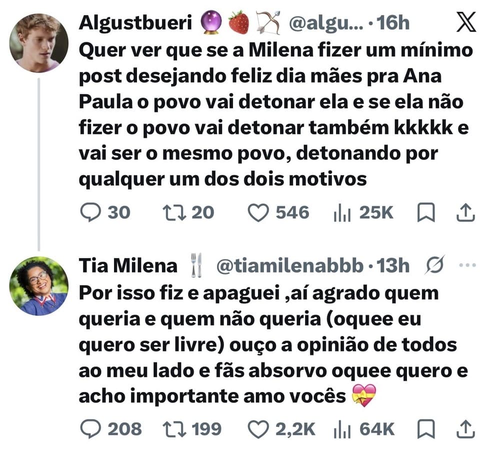Milena se justifica após apagar post para Ana Paula (Foto: Reprodução / X)
Milena se justifica após apagar post para Ana Paula (Foto: Reprodução / X)