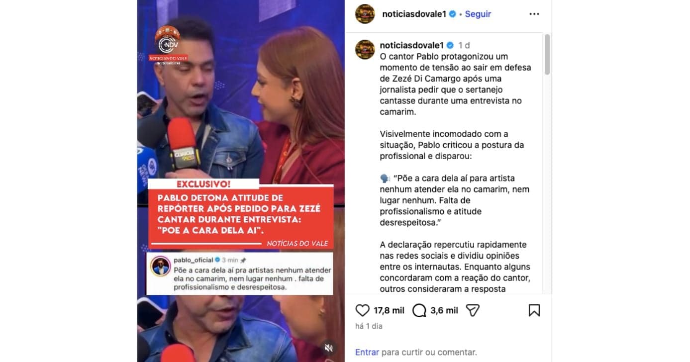 Comentário de Pablo envolvendo Zezé Di Camargo e jornalista (Foto: Reprodução / Instagram) Comentário de Pablo envolvendo Zezé Di Camargo e jornalista (Foto: Reprodução / Instagram)