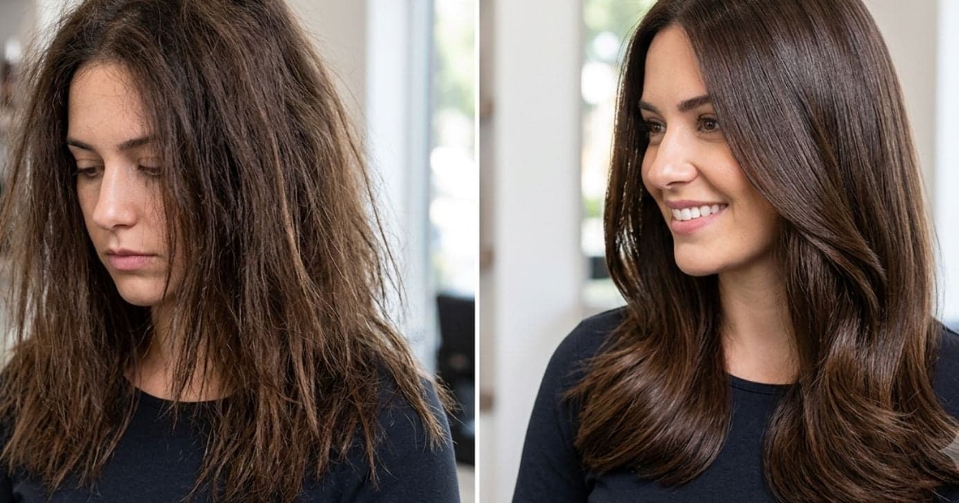 Ilustração antes e depois de cabelo ressecado com creme Eudora (Foto: Montagem TV Foco / GMN) Ilustração antes e depois de cabelo ressecado com creme Eudora (Foto: Montagem TV Foco / GMN)