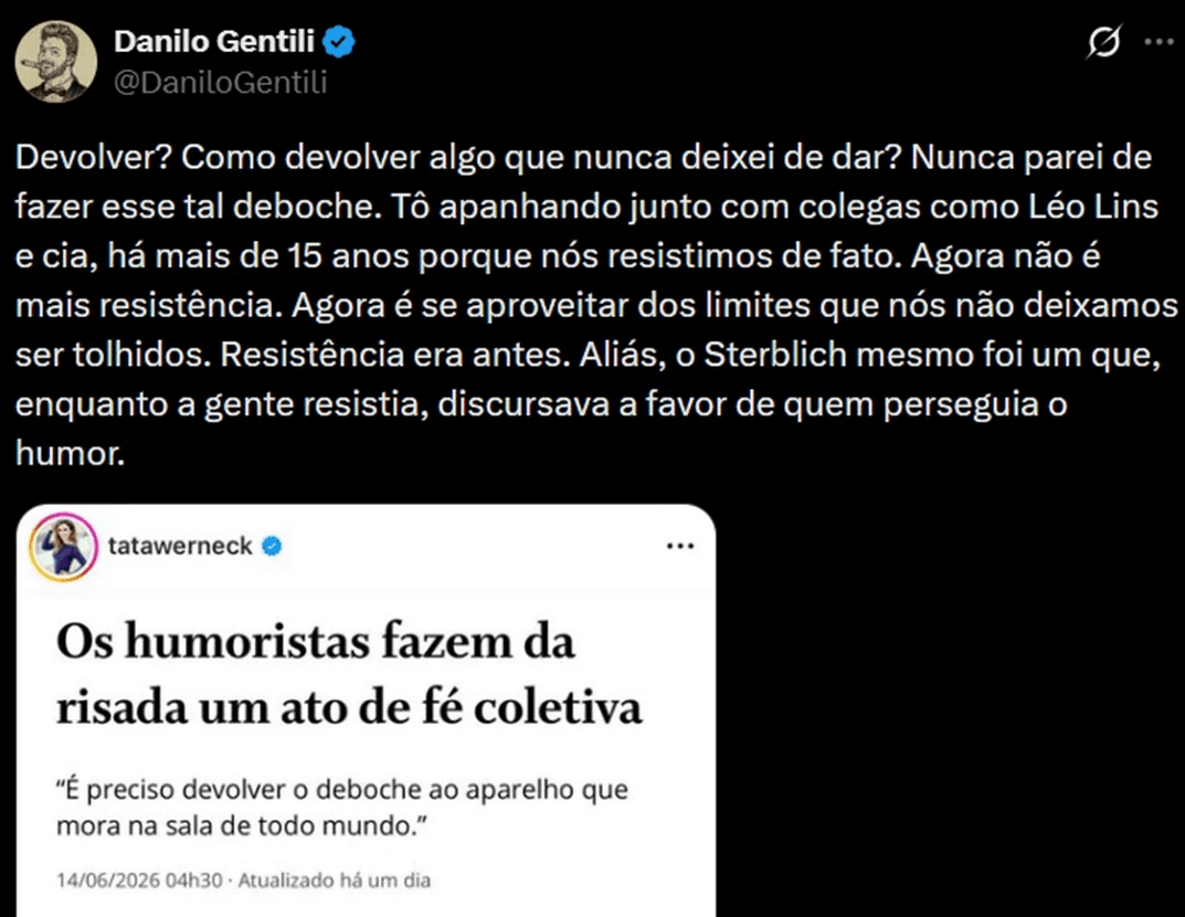 Danilo Gentili alfineta humoristas da Globo (Foto: Reprodução / X)
Danilo Gentili alfineta humoristas da Globo (Foto: Reprodução / X)