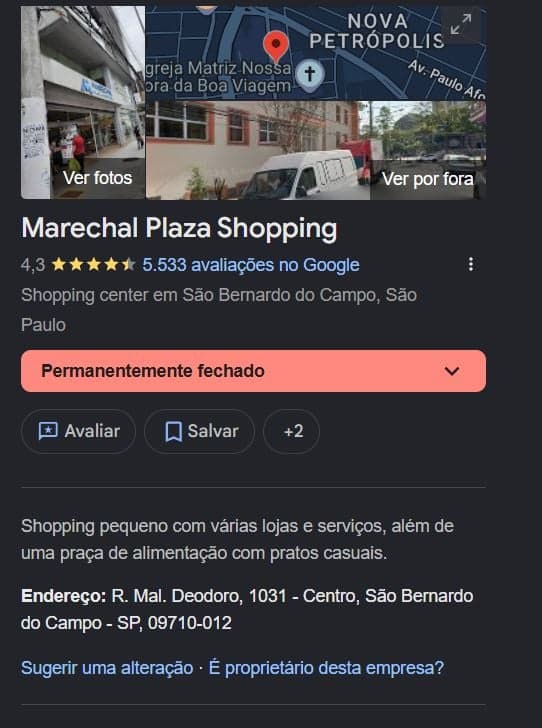 Status do Marechal Plaza Shopping no Google Maps (Foto Reprodução/Maps) Status do Marechal Plaza Shopping no Google Maps (Foto Reprodução/Maps)