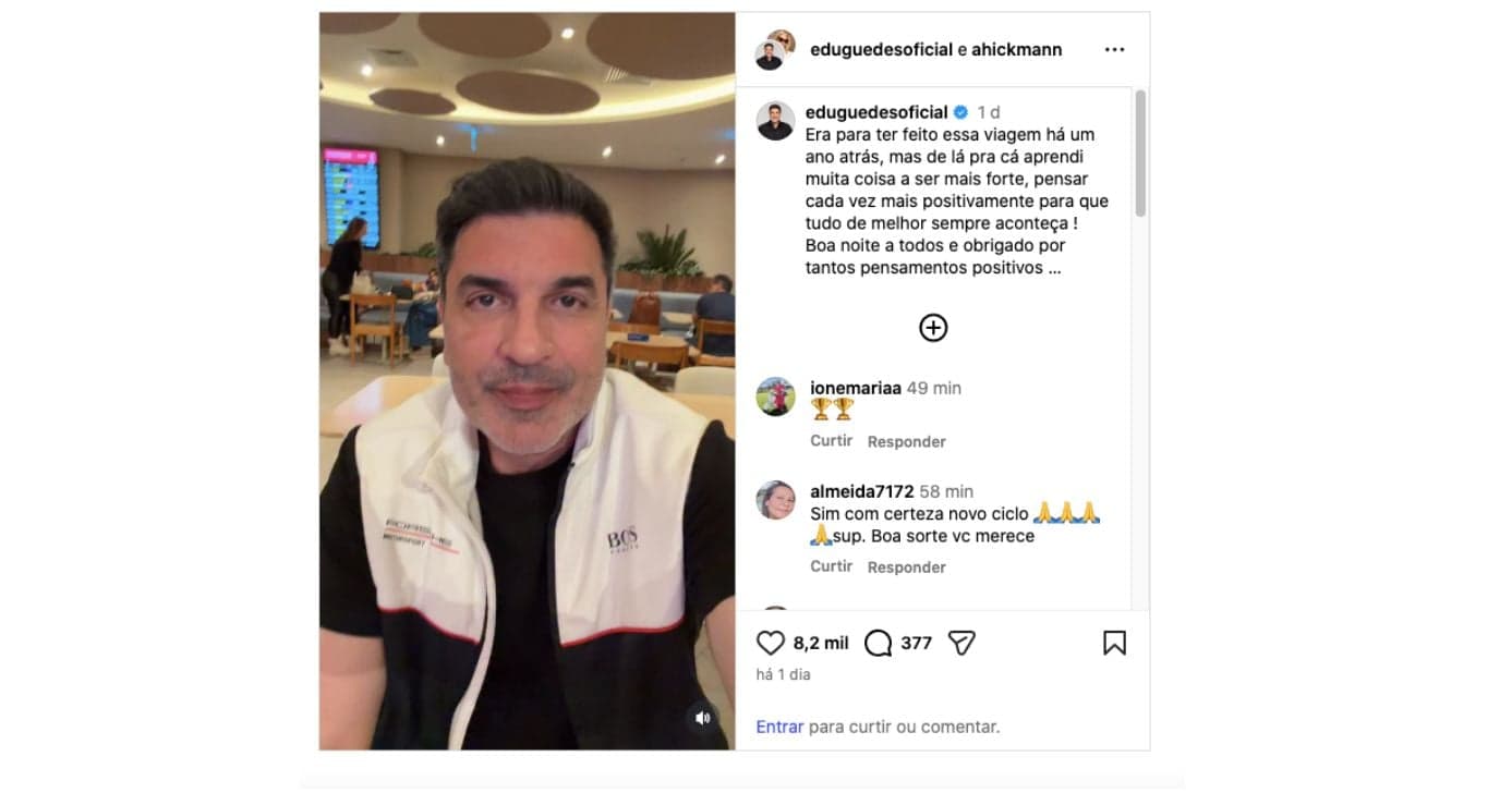 Edu Guedes relembra diagnóstico de doença e celebra viagem para Portugal (Foto: Reprodução / Instagram) Edu Guedes relembra diagnóstico de doença e celebra viagem para Portugal (Foto: Reprodução / Instagram)