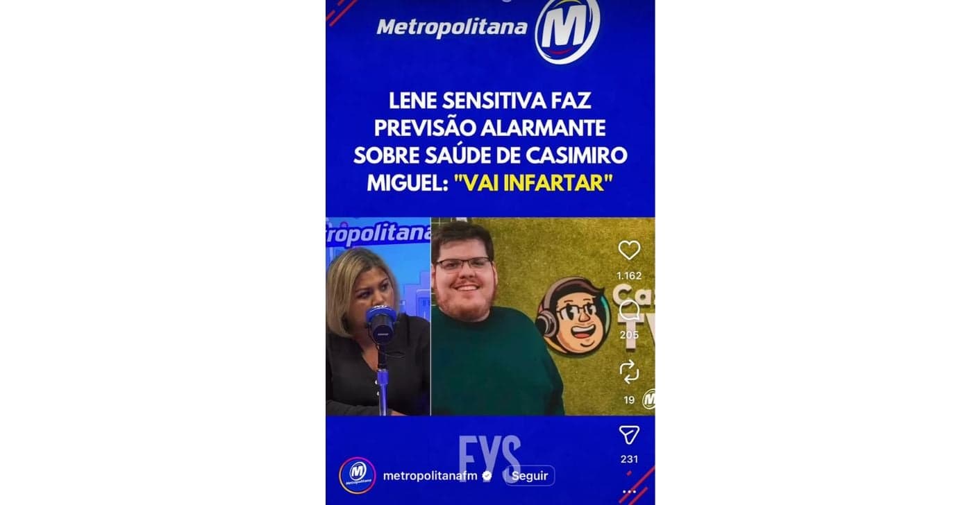 Lene Sensitiva faz previsão envolvendo Casimiro Miguel (Foto: Reprodução / Instagram) Lene Sensitiva faz previsão envolvendo Casimiro Miguel (Foto: Reprodução / Instagram)