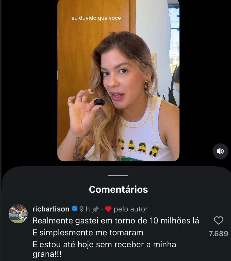 Richarlison comentou na publicação de Ana Paula Zantut (Foto: Reprodução / Instagram)
Richarlison comentou na publicação de Ana Paula Zantut (Foto: Reprodução / Instagram)